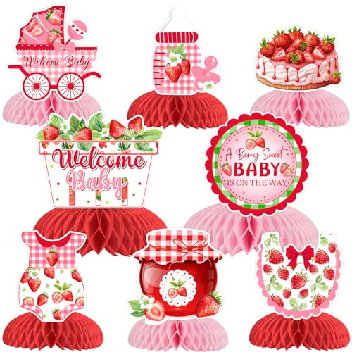 Sursurprise Decoraciones de baby shower de fresa, 8 piezas de centros de mesa de panal de abeja de fresa, un bebé dulce de bayas está en el camino, decoración de mesa para niñas, suministros de fiesta