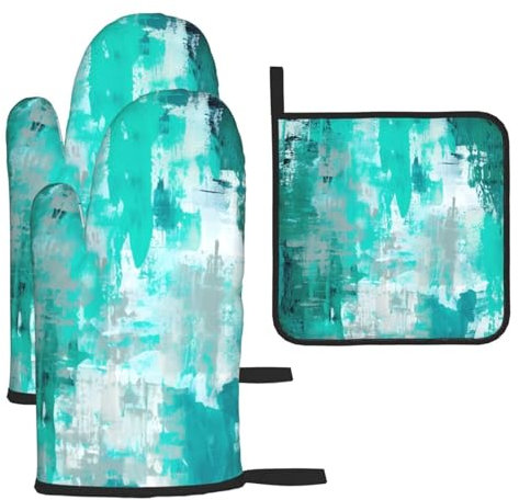 Abstract Teal Gray Painting Printed Oven Mitts And Pot Holders Sets Oven Mitts Heat Resistant Oven Gloves For Cooking Baking Kitchen BBQ