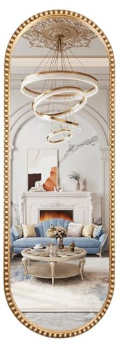 Fobule Oval Full Length Mirror, 20x53 Metal Beaded Frame Large Hanging Dressing Floor Mirror for Bedroom, Living Room, Entryway, Antique Gold (No Stand)