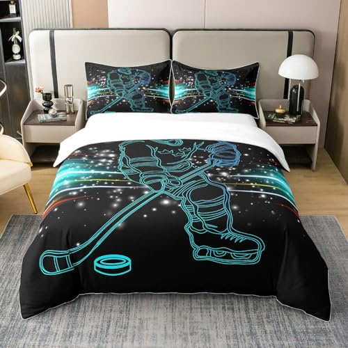 Loussiesd EisEishockey Bettbezug Set Eissport Spiele Drucken Bettwäsche Set 135x200cm 100% Baumwolle Eishockey Spieler Neon Color Betten Set für Jugendliche Bettwäsche Puck Eishockey Bettwäsche