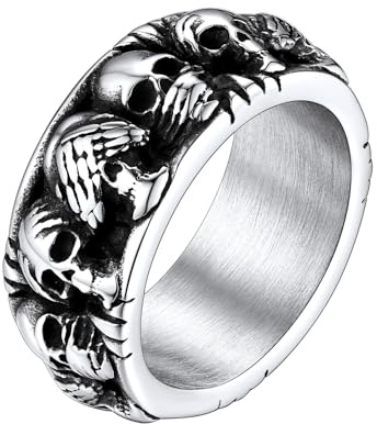 FaithHeart Anillo para hombre, punk gótico, calavera, esqueleto, anillo de acero inoxidable vintage, motorista, 8 tamaños a elegir, joyas para Halloween y cumpleaños