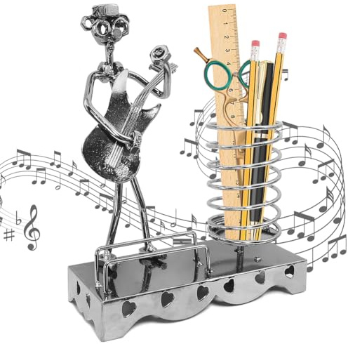 Porte-stylo 3 en 1 en fer pour guitare, boîte à musique, porte-cartes de visite, porte-crayons en métal, porte-crayons, figurine de musicien ornement pour enfant maison bureau papeterie cadeau (A109)