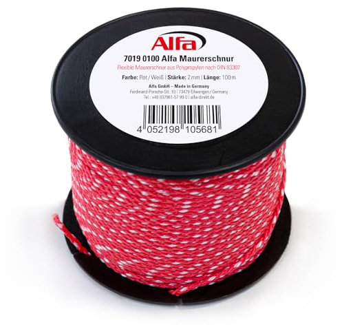 7019 ALFA - Cordon de maçon, 1 pièce, épaisseur 2mm, Longueur 100m, Rouge/Blanc, résistant à la déchirure, Flexible en polypropylène