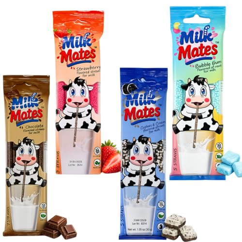 Milky Sip Magische Milchstrohhalme – 4 Packungen mit aromatisierten Strohhalmen für Milch, Schokolade, Erdbeere, Zuckerwatte, Kekse und Sahne, 20 Strohhalme mit Milchgeschmack für Kinder, macht Kinder