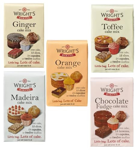 Wrights Baking Cake Mix Selection Pack - Ginger, Madeira, Toffee, Chocolate Fudge & Orange (One of Each 500g Pack) - Can be used to bake light & moist cakes, slices, muffins or cupcakes
