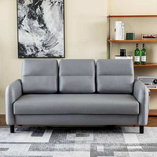 3 Seater Sofa 175CM, Modern Faux Leather Sofas & Couches Bed with Extra Deep Seat,3 Bolster Pillows & Wooden Legs,Upholstered Sofa Settee Large Sofas for Living Room, Guest Room, Bedroom, Office