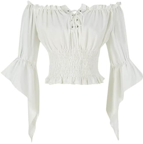 Bastwahl Mittelalter Bluse Damen, Rüschenbluse Damen 70Er Langarm - Renaissance Top Mittelalter Bluse Trompetenärmel Off Shoulder Gothic Viktorianische Shirt Gürtel Pirate Halloween Karneval Kostüm