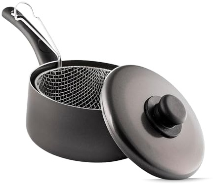SK COOKWARE Chip Pan with Basket & Lid Non-Stick Fat Fryer Set 22cm | Durable Crispy Frying Pan with Plastic Handles | Ideal for Gas Stoves & Home Frying (10 Black) (Black, 20cm)