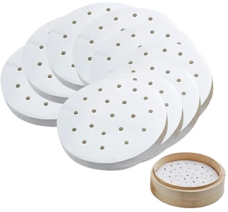 FortuneGlobe 200pcs de papier perforé 20 cm en bambou pour cuisson à la vapeur et à la vapeur，10 Pouces de parchemin antiadhésif comme papier dim sum, Friteuse à air