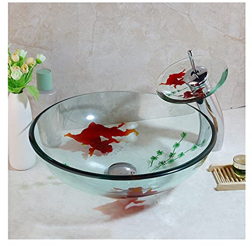 PUFAHAU Lavabo de baño de Vidrio Templado, Lavabo artístico Redondo con Grifo Combinado, Lavabo de Vidrio Transparente con patrón Dibujado a Mano.