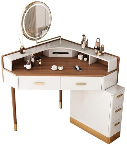 Sminkbord Modern hörnkommod Stor hörnbyrå med skåp och roterande spegel Sminkbord Sminkbord med spegel
