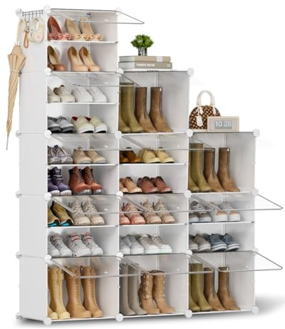 Schuhregal, Schuhschrank mit 12 Fächern+8 Fächern, schuhregal hoch und schmal, schuhregal weiß, schuhschrank hoch geschlossen für Garderobe Flur Schlafzimmer Eingang, DIY anpassbar - 2er-Pack