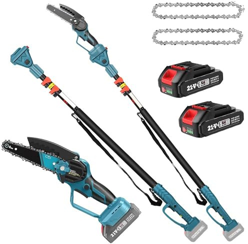 2 en 1 motosierra telescópica y mini motosierra, cortadora eléctrica sin escobillas de 6 pulgadas con poste telescópico (4,6-8,5IN), con 2 baterías de 2000 mAh para podar árboles y jardinería