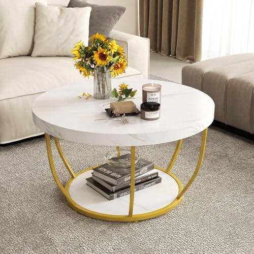 COSTWAY Table Basse Ronde 2 Niveaux, Table Basse Effect Marbre 80 cm, Cadre en Métal Doré, Design Ronde, Plateau Épaissi, Moderne (Blanc)