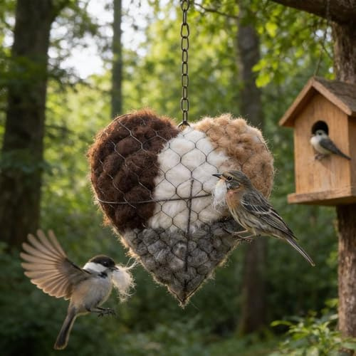Handmade Fiber Bird Nesting Heart, Refillable Birds Haven 1 Heart Shape Hummingbird Nesting and 2 Bags of Nest Materials, Winter Fowl Gifts Animal Hummingbirds Lovers Home Garden Yard (1PCS)