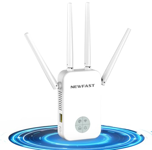 NEWFAST 1200Mbps WiFi Range booster 1200Mbps WiFi Booster Range Extender Dual Band 5GHz&2.4GHz, 4x3dbi High Gain Antennas, Wireless Access Point, Hotspot with 360° Coverage, Wi-Fi Repeater, UK Plug