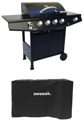 sweeek - Barbecue gaz - Treville - Barbecue 4 brûleurs + 1 feu latéral noir. avec thermomètre et housse