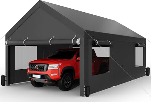 12x20 FT Heavy-Duty Design Carport,Portable Garage Canopy,Carport Canopy with Side-Opening Removable Door & Roll-Up Window,Portable Car Port for Car, Truck, Boat,Grey