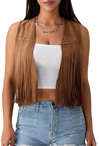 Women Tassel Vest 70s Hippie Sleeveless Faux Suede Fringe Waistcoat Western Rivet Vest Open Front Jacket Cardigan