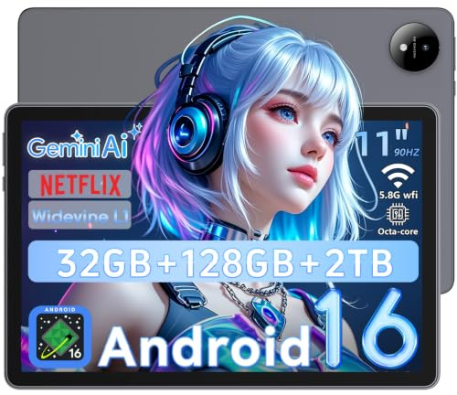 Tablette Android 16 de 11 Pouces avec Gemini AI｜T7250 Octa-Core｜32 Go RAM + 128 Go ROM (2TB TF)｜ IPS FHD 1920x1200｜GPS｜ Widevine L1｜8000 mAh｜Caméra 16 MP + 8 MP｜WiFi 5.8G et 2.4G｜ BT 5.0｜GPS (Gris)