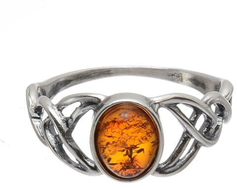 Holiday Gift Shops Anillo Adulto Celtic Knots de Plata de Ley y Ámbar Miel del Báltico - Talla 9
