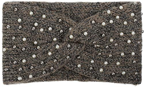 styleBREAKER Damen Strick Stirnband Perlen Metallic Poly, Braun-Schwarz | Twist-Knoten Detail, dehnbar für 45-56 cm Kopfumfang (auch für Kinder), 13 cm breit, Bundweite 21 cm ungedehnt.