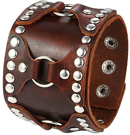 JewelryWe Schmuck Herren Retro Breit Lederarmband Punk Rock Ring Kreis Nieten geflochten Leder Armreif Manschette Druckknopf Biker Armband verstellbar Schwarz/Braun