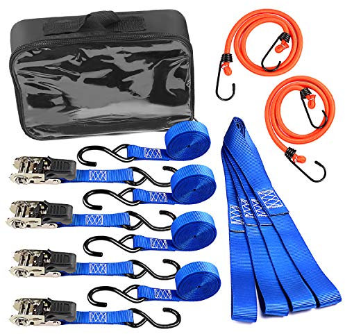 14 PZ Leader Accessories 4 Cinghia di Fissaggio a Cricchetto, 4 Cinturini da Gancio, 4 Morbido Laccio Legare Cinghie di Tensionamento, 2 Cavi/Corda Elastiche con Gancio per Trasporto, Portapacchie ecc