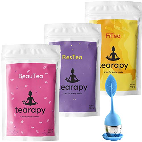 tearapy Womens Tea Pack-Wellness Tea Collection Pamper Gifts Set For Women-Complete Self Care Wellbeing Gift Idea For Women- Leaf Silicone Infuser Included - Premium Loose Leaf Tea Set + Blue Infuser