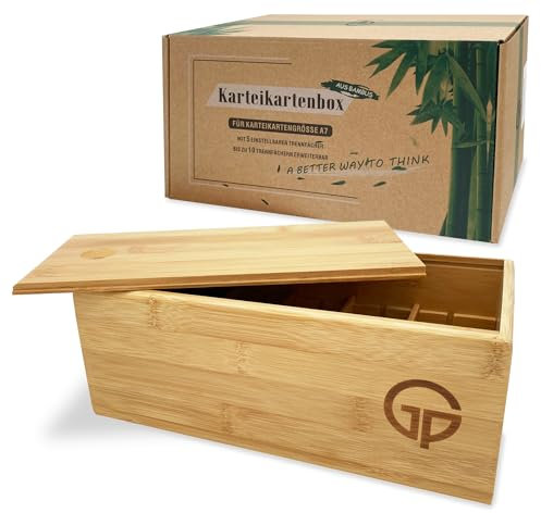 GP Get Productive Karteikasten für 1000 DIN A7 Karteikarten, inkl. 4 einstellbaren Trennbrettern der Lernbox, Bambus Holz Karteibox glanzbeschichtet in premium Qualität, Die Lernkarteibox!