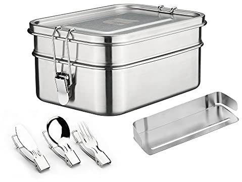 nicelock Stainless Steel Lunch Box Large, 2 Tier (760ml+1200ml) Metal Bento Box Leak-Proof Sandwich Salad Food Storage Container with Adjustable Compartment, Folding Cutlery Set for Adult Women Men