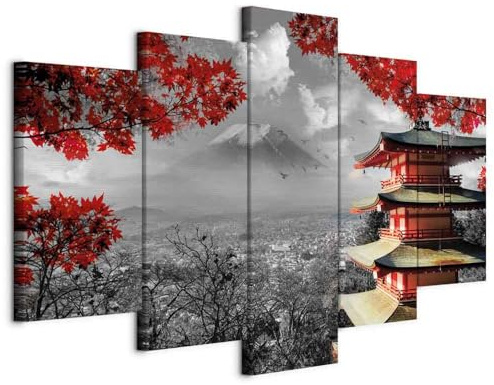 murando - Akustikbild Japan 100x50 cm 5 tlg Bilder Akustikschaum Schallschutz Kunst Akustikpaneele Wandpaneele Schalldämmung Wandbild Schallabsorber Landschaft Schwarz Weiß rot c-C-0241-b-m