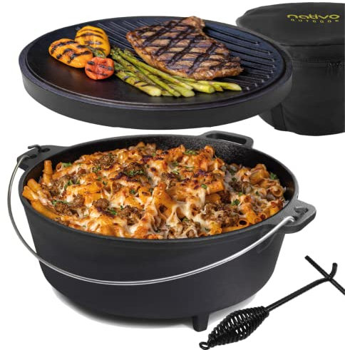 Nativo Dutch Oven Camping Pot, Cast Iron Camp Cooking Pot with Legs, Reversible Lid, 6QT