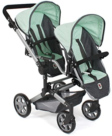 Bayer Chic 2000 - Cochecito de muñecas Linus Duo, Carrito de muñecas Gemelos para niños de 4 a 8 años, Melange Gris Oscuro, Menta, 690-67