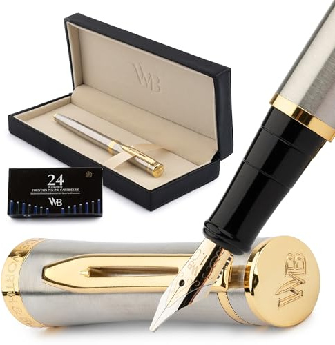 Wordsworth & Black Füller Set Edel, Kalligraphie, Luxus, Feder B, Silber | Füllfederhalter, Fountain Pen, Geschenk für Männer & Frauen, 18K Deutsches Iridium, Hochwertig, Konverter + 24 Tintenpatronen