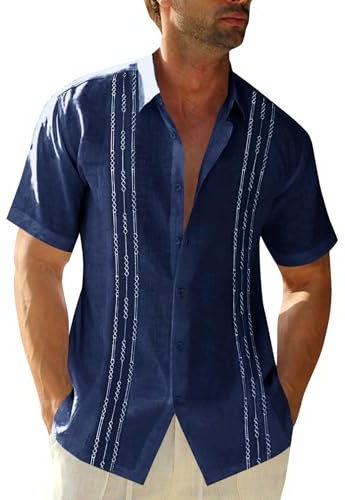 Runcati Mens Short Sleeve Guayabera Shirts Linen Cotton Button Down Mexican Embroidered Cuban Wedding Shirt Summer Beach Tops