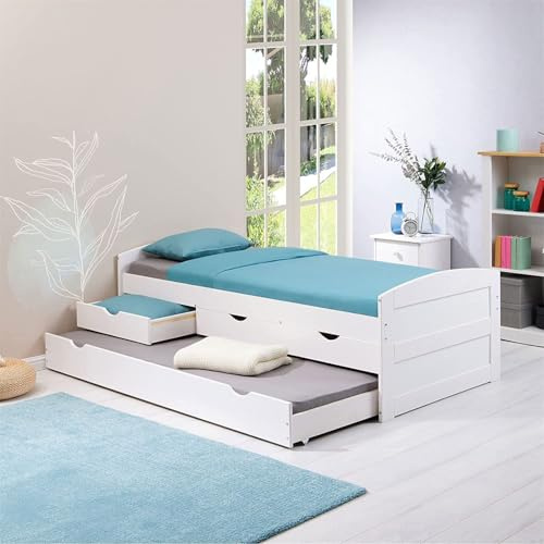 IDIMEX Lit gigogne Jessy lit Enfant Fonctionnel avec tiroir-lit et Rangement 3 tiroirs, Couchage 90x190 cm 1 Place, en pin Massif lasuré Blanc