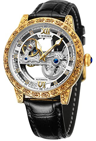 FORSINING Men's Tourbillon Mechanical Luxury Floral Pattern Engrave Waterproof Skeleton Wrist Watch, Transparent