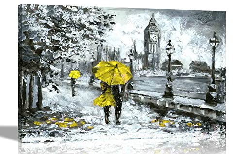Couple Holding Yellow Umbrella in London Canvas Art Pictures Framed Hanging Stretched Wall Art Oil Painting Reproduction For Living Room Gift 86 x 61cm (34 x 24 inches) A1