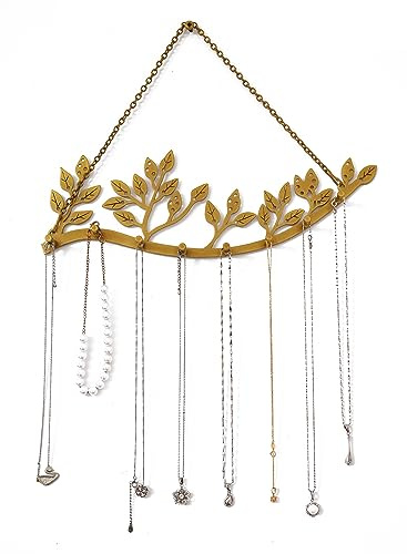 Wovsuo Wall Mounted Jewelry Necklace Holder Organizer with 8 Hooks and 43 Holes, Neatly Hanging Earring, Bracelet, and Keys - Rustic Gold Metal Tree Leaf Branch Wall Décor
