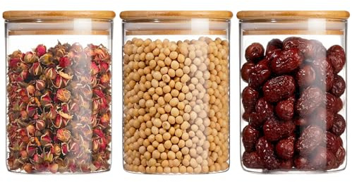 3 Pack Glass Jars with Bamboo Lids, 1L Spaghetti Storage Jar, Cookie Jar | Glass Storage Jars with Lids Airtight, Clear Pasta Storage Containers, Coffee Jar, Kitchen Storage Jars for Nuts, Flour