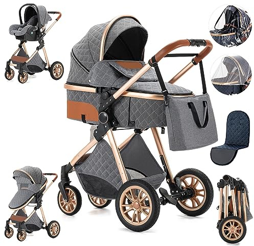 Zkiprm Passeggino 3 in 1, Passeggino Canna Portatile Pieghevole in Un Clic, Passeggini Cittadine Con Seggiolino Auto, Passeggini Combinato Paesaggio Alto Telaio in Alluminio Per Neonato