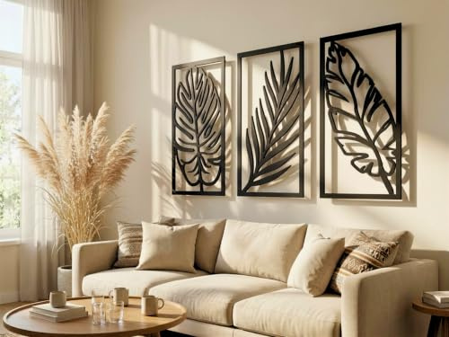 VAILLA Palmblätter Bilder, 3D Wanddeko, Tropisches Blätter Dekor, Große 3er-Set Wanddekoration aus Holz, Boho Wohnzimmer Wandbilder, Home Wall Art Dekoration