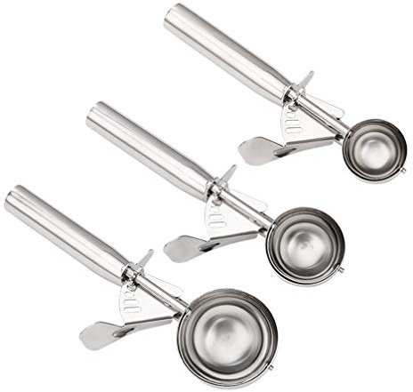 Cuillère en Acier Inoxydable 3 pcs Cuillère à Crème Glacée Cuillère à Biscuits en Acier Inoxydable Trois Tailles Cuillères à Portion avec Levier de Déclenchement for la Cuisson Boulette de Viande Muff