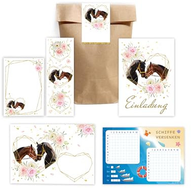 Minkocards 12 Einladungskarten zum Kindergeburtstag Mädchen Pferd zwei Pferde incl. 12 Umschläge, 12 Partytüten/natur, 12 Aufkleber, 12 Lesezeichen, 12 Blöcke, 12 Schiffe versenken Einladungsset