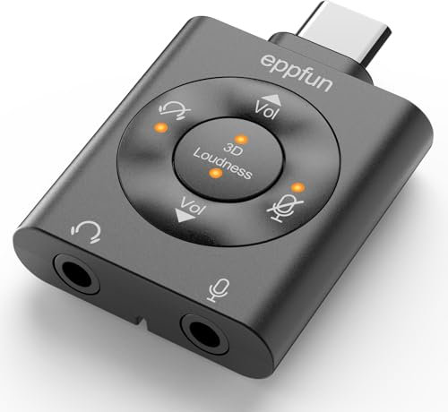 eppfun Carte Son Externe, Adaptateur Audio USB C vers 3,5mm Jack, 24 bit/96kHz Hi-Res 3D Stéréo pour PS5 PC Mac Tablette