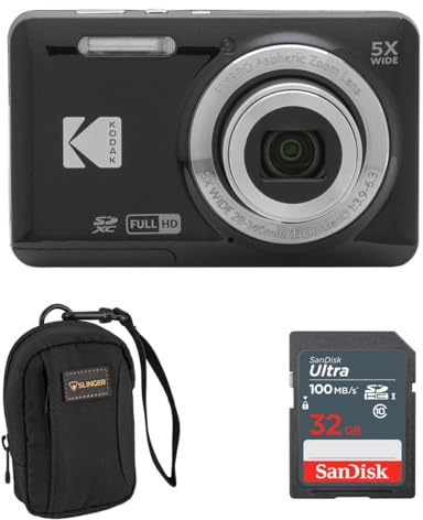 KODAK PIXPRO FZ55-BK 16MP Digital Camera 5X Optical Zoom 28mm Wide Angle 1080P Full HD Video 2.7 LCD Vlogging Camera. Bundle with SD Card and Camera Bag, Kodak 1-Year Limited Warranty (Black)