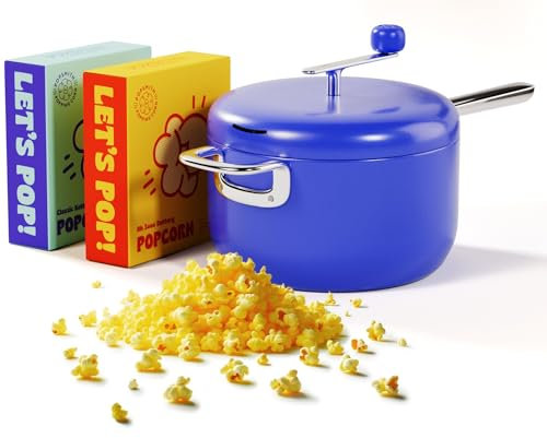 POPSMITH Starter-Set in Kobalt – 6 Quart Popcorn-Maschine mit 5 Kino-Popcorn und 5 Wasserkocher, Mais-Popcorn-Kits – Edelstahl-Popcorn-Maschine, kompatibel mit allen Herdarten