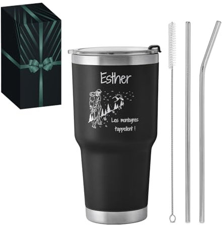 Maverton Mug Isotherme Noir 800 ml en Acier Inoxydable avec Brosse de Nettoyage - Gobelet avec Paille et Couvercle gravé - Cadeau Anniversaire Femme - Idee Cadeau Femme Mug voyage