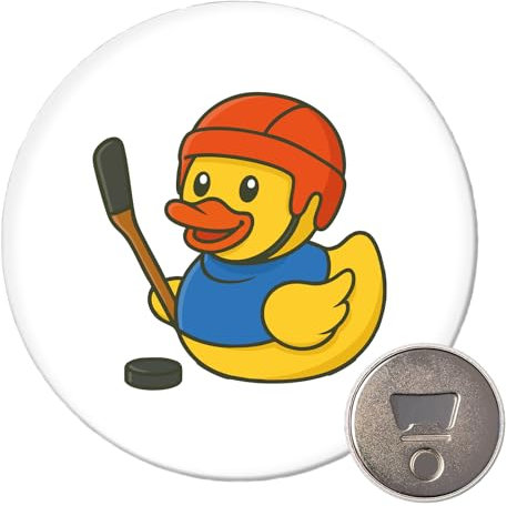 Huuraa Magnet Quietscheente Eishockey Gummiente Hockey 59mm Kühlschrankmagnet rund Flaschenöffner Geschenkidee